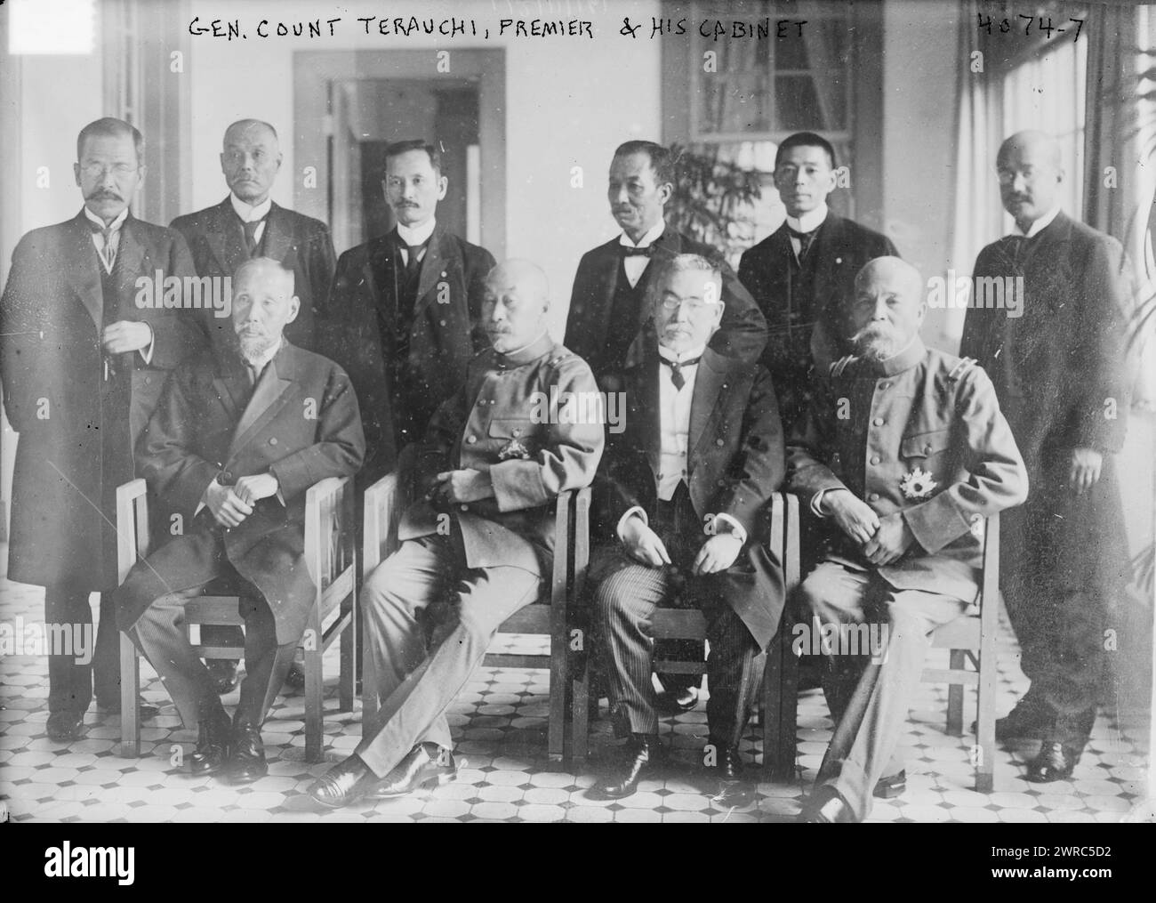 Gen. Count Terauchi, Premier and his Cabinet, Photograph shows politician and officer Count Terauchi Masatake (1852-1919) who was a Gensui (Marshal) in the Imperial Japanese Army and served as Prime Minister (1916-1918)., between ca. 1915 and ca. 1920, Glass negatives, 1 negative: glass Stock Photo