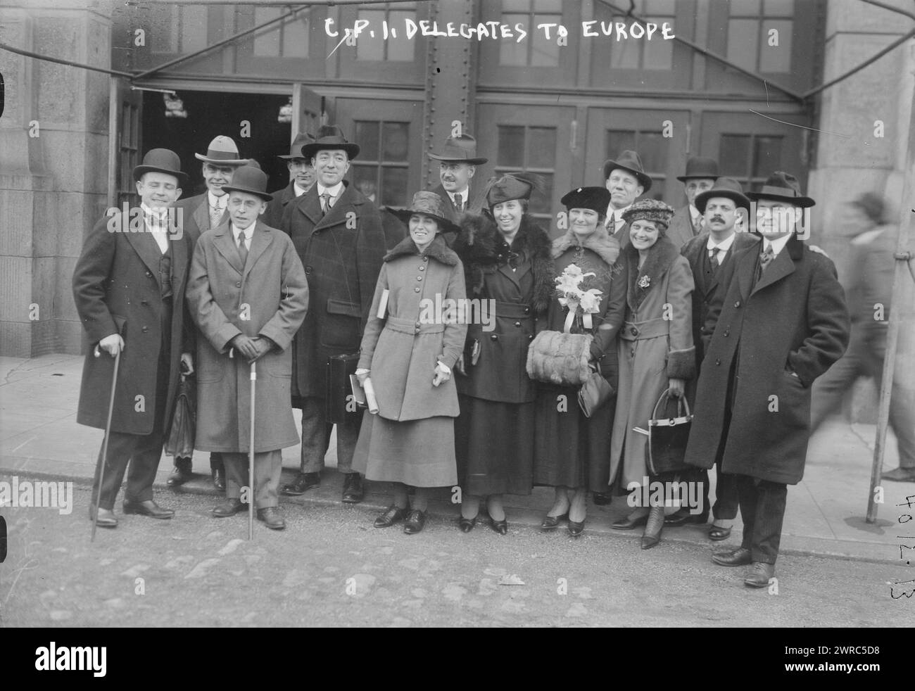 C.P.I. Delegates to Europe, Photograph shows members of the Committee on Public Information (CPI), a U.S. government agency which worked to persuade Americans to support World War I. Shown second from the right is public relations expert Edward Bernays., between ca. 1915 and ca. 1920, Glass negatives, 1 negative: glass Stock Photo