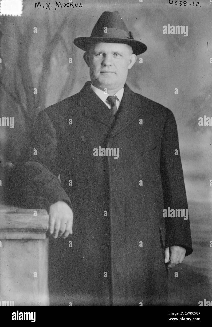 M.X. Mockus, Photograph shows lecturer M.X. Mockus who was convicted of blasphemy in Watertown, Connecticut for denying the authenticity of several Bible stories in January 1917., between ca. 1915 and ca. 1917, Glass negatives, 1 negative: glass Stock Photo