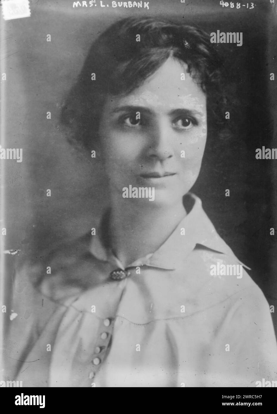 Mrs. L. Burbank, Photograph shows Elizabeth Jane 'Bessie' Waters Burbank (1887-1977) who married plant scientist Luther Burbank (1849-1926) in December 1916. She had served as his private secretary., 1917 Feb. 29, Glass negatives, 1 negative: glass Stock Photo