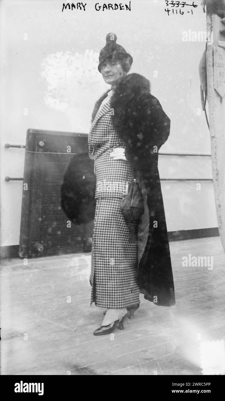 Mary Garden, Photograph shows soprano opera singer Mary Garden (1874-1967) probably aboard the Baltic, December 1914, returning to the United States from hospital work in France., between ca. 1915 and ca. 1920, Glass negatives, 1 negative: glass Stock Photo