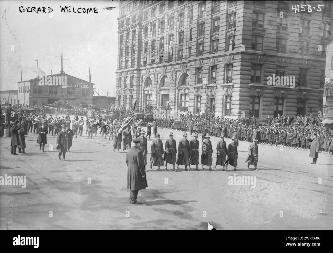 Gerard welcome, Photograph shows Army Color Guard and band leading parade honoring James Watson Gerard (1867-1951) on his arrival in New York City after his resignation as U.S. Ambassador to Germany, 1917., 1917, NYC, Glass negatives, 1 negative: glass Stock Photo