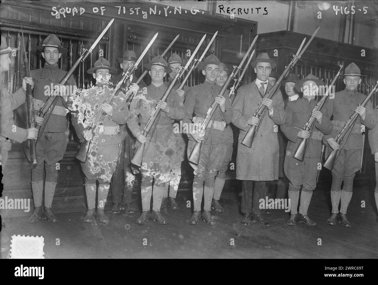 Squad of 71st N.Y.N.G. recruits, Photograph shows the 71st Regiment of the New York National Guard mustered into Federal Field Service on March 28, 1917., 1917 March 26, Glass negatives, 1 negative: glass Stock Photo