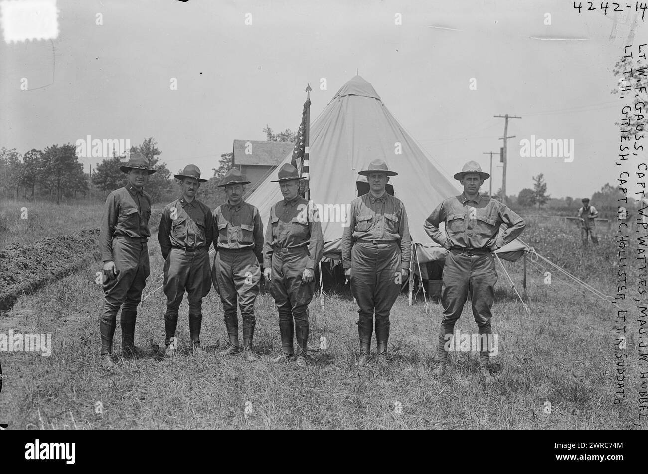 Lt. W.F. Gauss, Capt. W.P. Wattles, Maj. J.W. Hubbel, Lt. T.H. Griesh, Capt. R.C. Hollister, Lt. T.R. Suddath, between ca. 1915 and ca. 1920, Glass negatives, 1 negative: glass Stock Photo