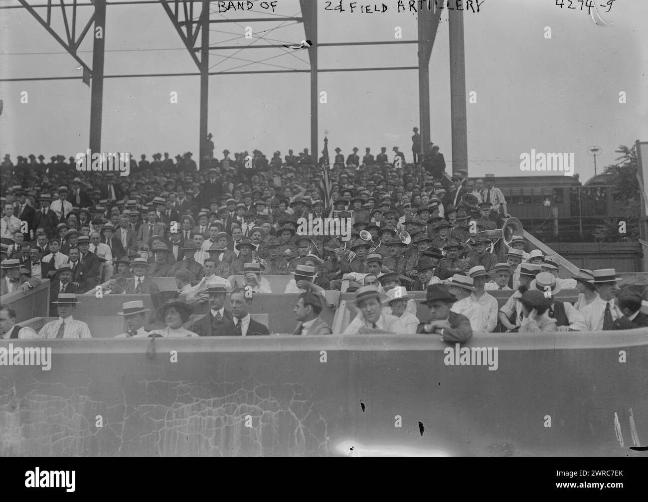 Band of 2d Field Artillery, Photograph shows the band of the 2nd Field Artillery attending a baseball game at Ebbets Field, Brooklyn, New York on July 24, 1917., 1917 July 24, Glass negatives, 1 negative: glass Stock Photo