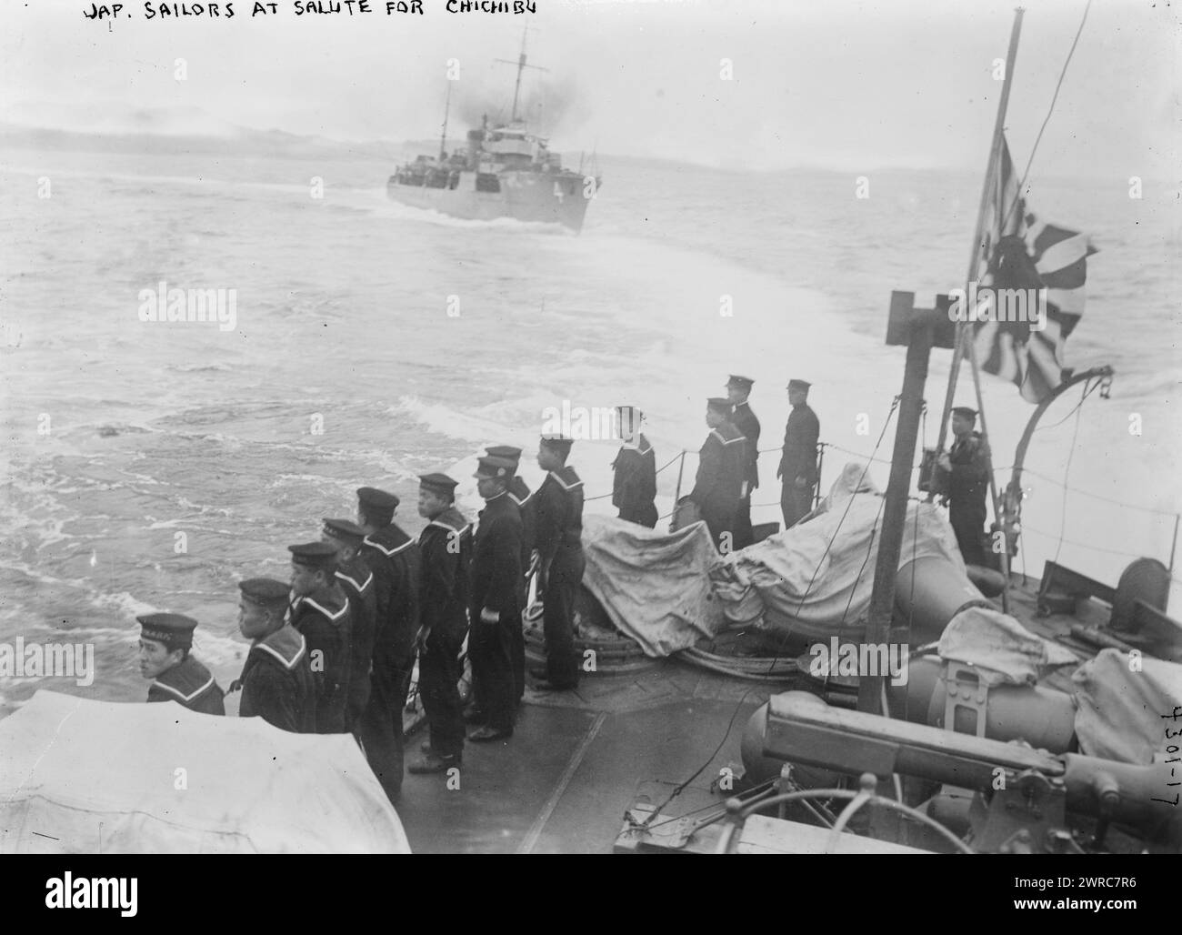 Japanese sailors at salute for Chichibu, Photograph shows Japanese sailors on ship at salute for Yasuhito, Prince Chichibu (1902-1953) a member of the Imperial House of Japan and an officer in the Japanese army., 1927 Feb. 19, Glass negatives, 1 negative: glass Stock Photo