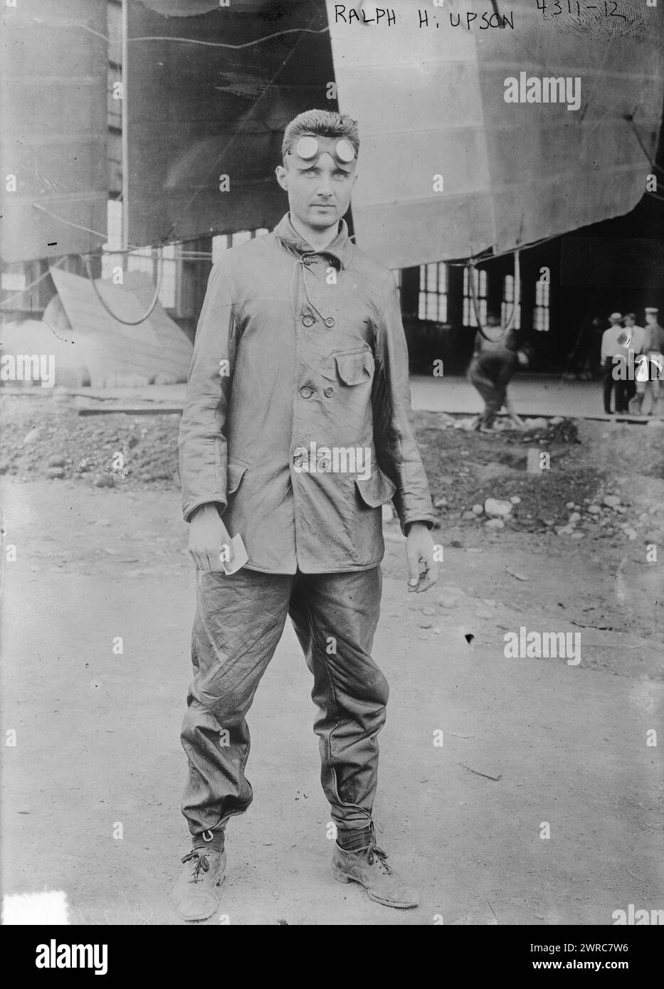 Ralph H. Upson, Photograph shows aviator Ralph H. Upson after his flight from Chicago to Akron, Ohio, in a dirigible being tested by the War Department., 1917, Glass negatives, 1 negative: glass Stock Photo