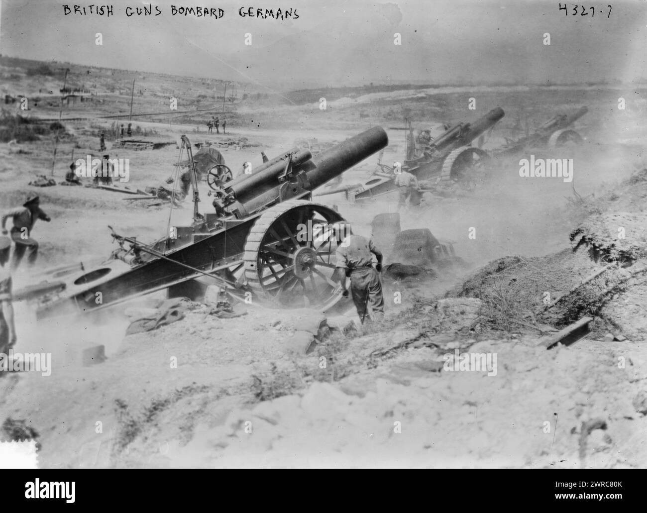 British guns bombard Germans, Photograph shows three 8 inch howitzers ...