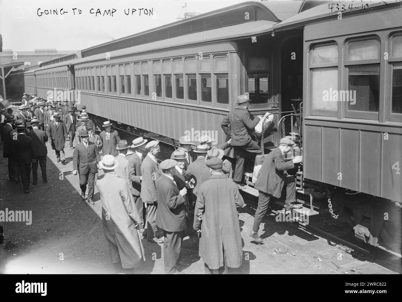 Going to Camp Upton, Photograph shows American recruits going to Camp Upton, a U.S. Army installation located on Long Island, in Yaphank, New York, during World War I., 1917 September, World War, 1914-1918, Glass negatives, 1 negative: glass Stock Photo