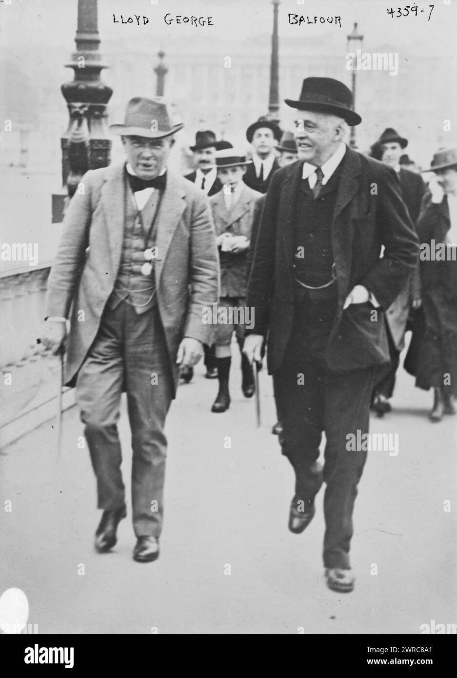 Lloyd George & Balfour, Photograph shows British Liberal Party statesman and Prime Minister David Lloyd George(1863-1945) walking with Conservative Party politician and Foreign Minister Arthur James Balfour (1848-1930) during the time of the Allied Conference in Paris, July 1917., 1917 July, Glass negatives, 1 negative: glass Stock Photo