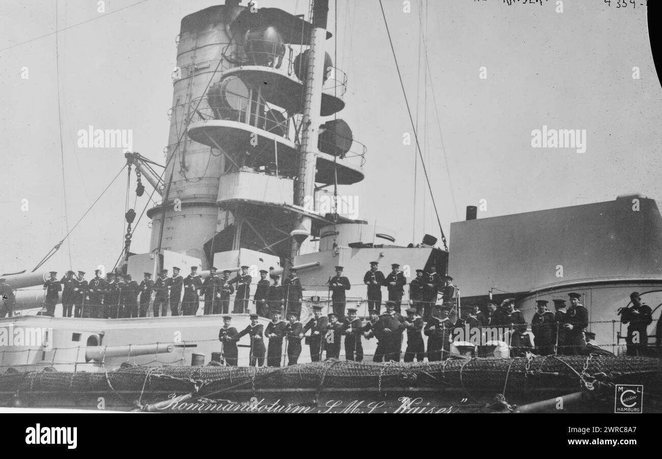 On the KAISER, Photograph shows the SMS Kaiser, a battle ship of the German Imperial Navy which participated in Operation Albion in the Baltic Sea in September and October 1917, and at the Second Battle of Heligoland Bight in November 1917., between ca. 1915 and ca. 1920, Glass negatives, 1 negative: glass Stock Photo