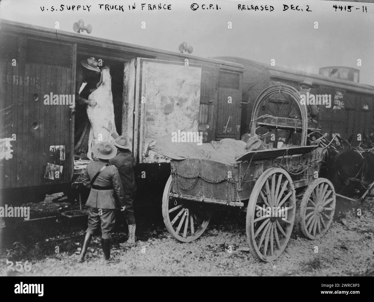 U.S. supply truck in France, Photograph shows a side of meat being ...