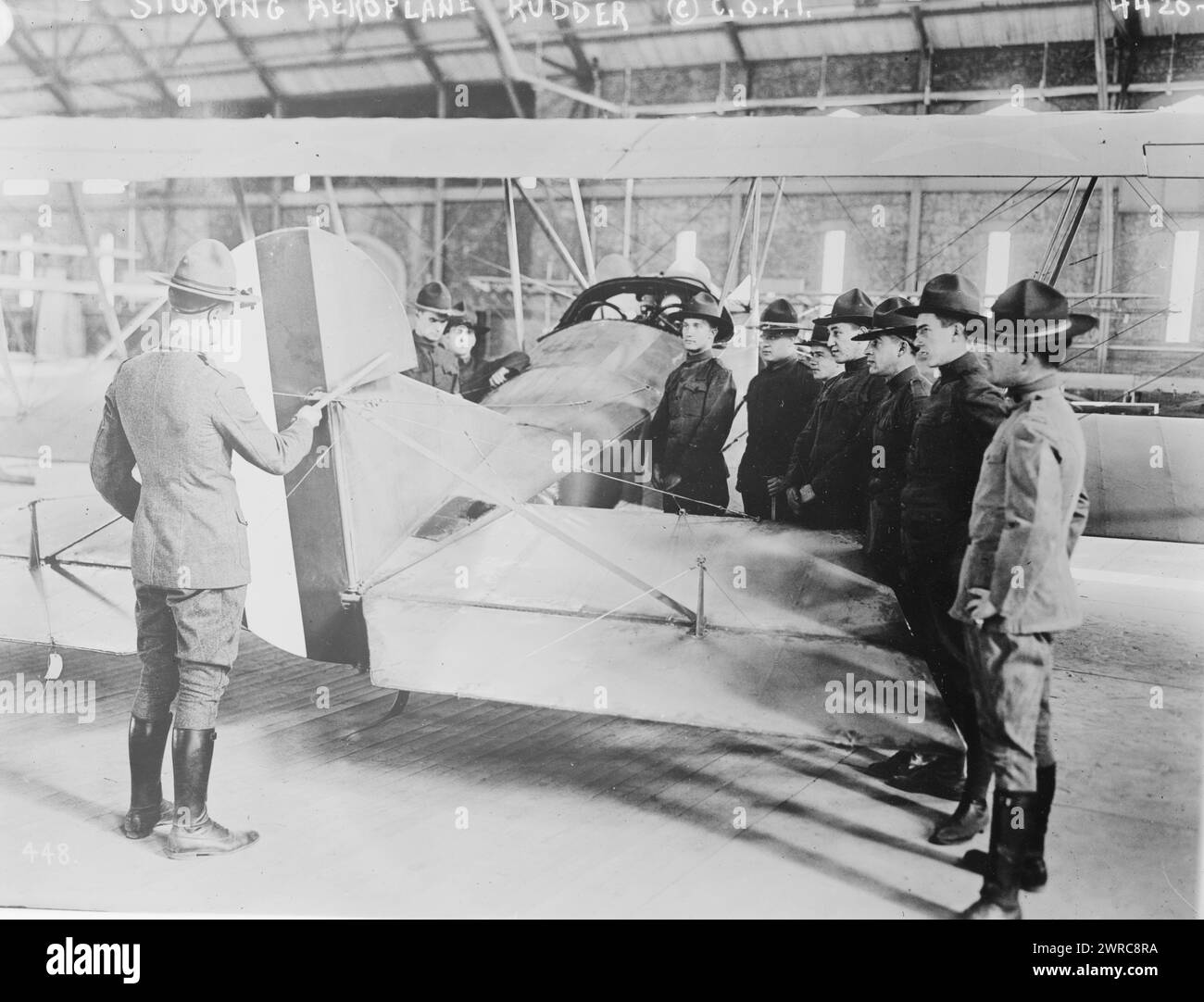 Studying aeroplane i.e. airplane rudder, 1917 or 1918, World War, 1914-1918, Glass negatives, 1 negative: glass Stock Photo