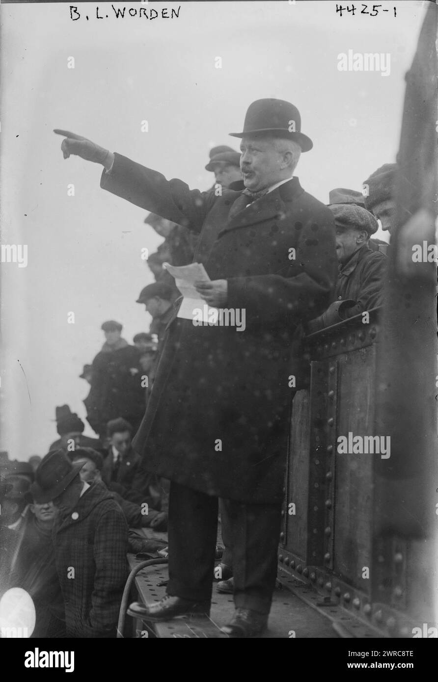 B.L. Worden, Photograph shows General Manager of the Submarine Boat Corporation, Mr. B. L. Worden (president of the Lackawanna Bridge Co.) at the Newark Bay Shipyard, Kearny, New Jersey, during a ceremony on December 20, 1917 marking the first rivet driven into 'the first standardized structural steel ship ever built.', 1917 Dec. 20, Glass negatives, 1 negative: glass Stock Photo