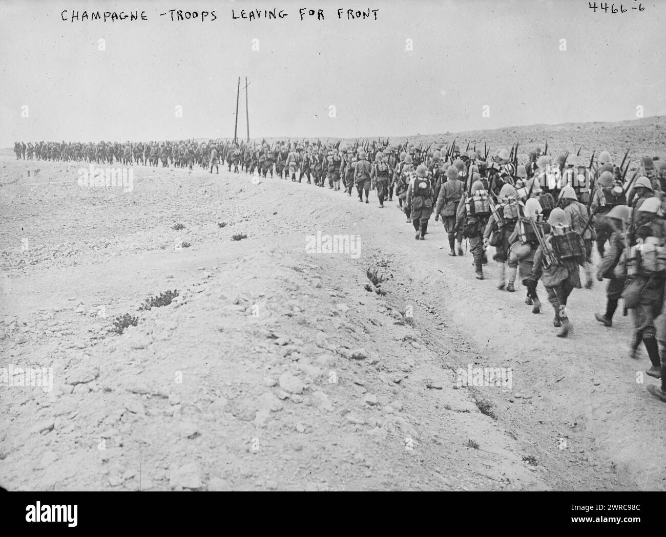 Champagne, troops leaving for front, Photograph shows soldiers marching to the front from Champagne, France during World War I., between ca. 1915 and 1918, World War, 1914-1918, Glass negatives, 1 negative: glass Stock Photo