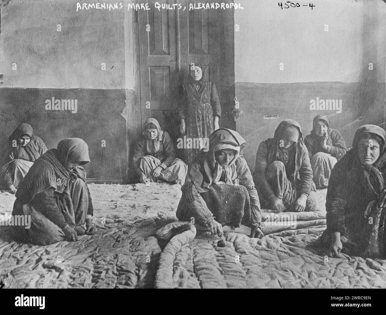 Armenians make quilts, Alexandropol, Photo shows Armenian women making quilts in Alexandropol (now Gyumri), Armenia., 1918 March 7, Glass negatives, 1 negative: glass Stock Photo