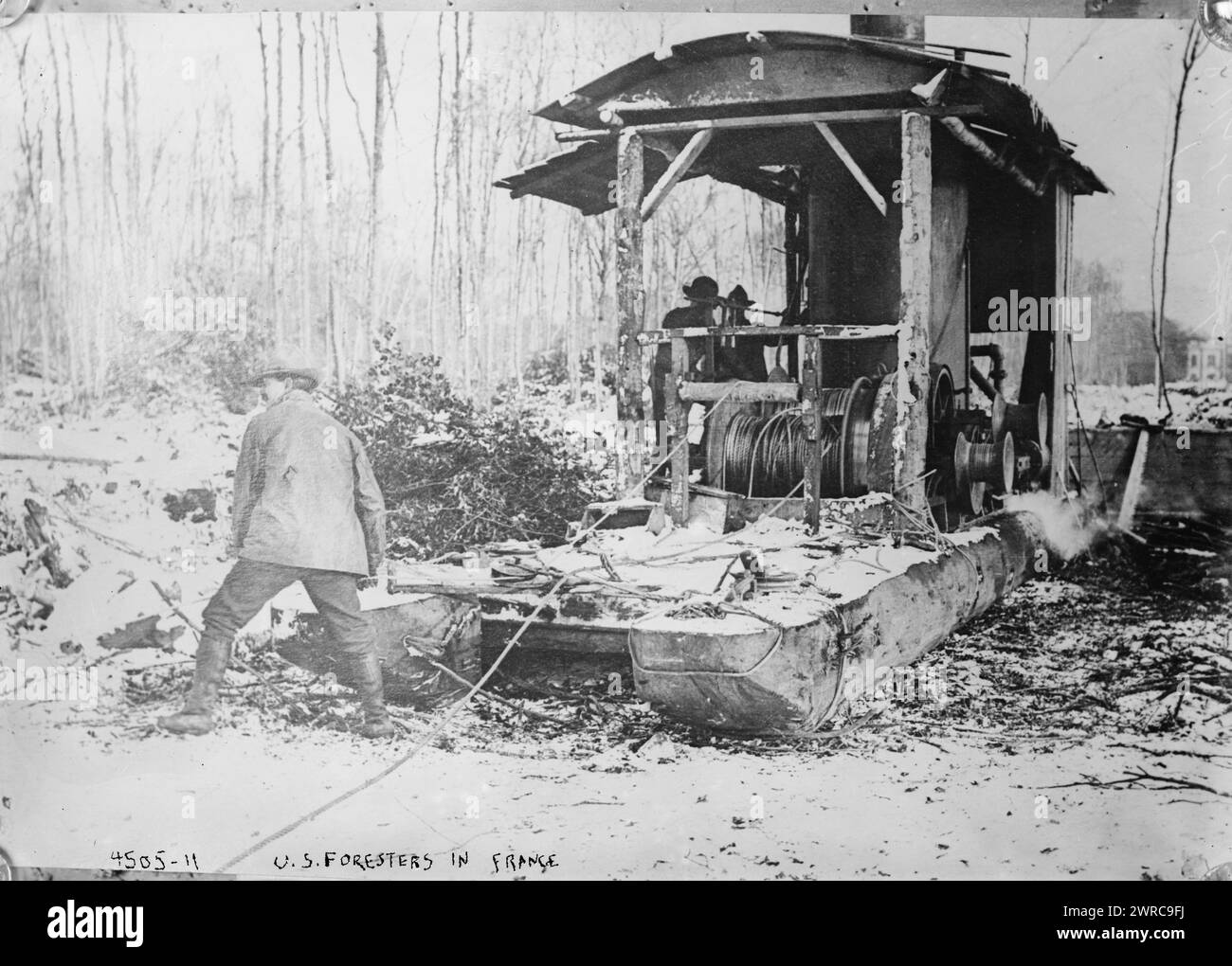U.S. foresters in France, Photograph shows U.S. Forestry Service engineers in Europe during World War I. The soldiers procured lumber for the war effort., 1917 or 1918, World War, 1914-1918, Glass negatives, 1 negative: glass Stock Photo