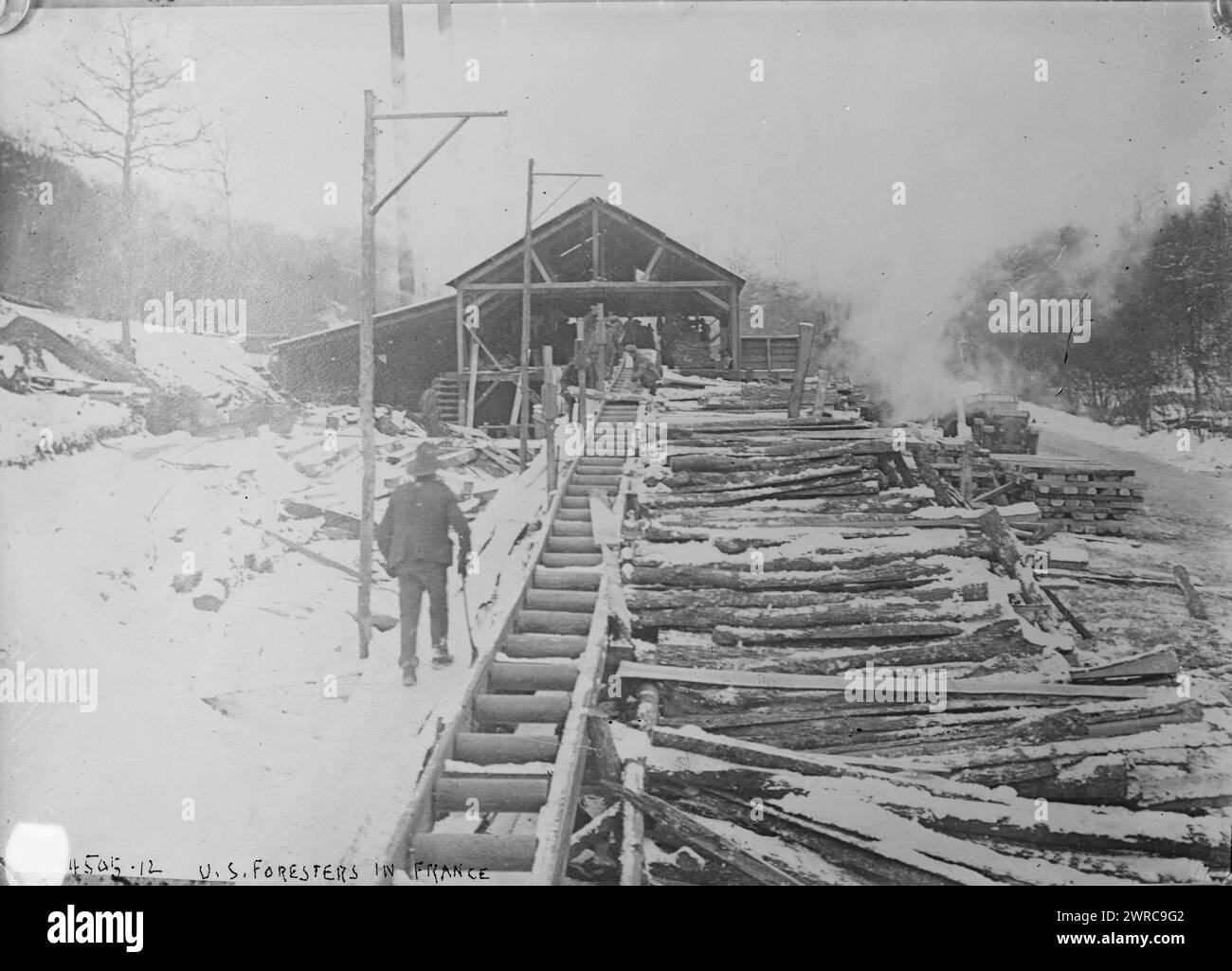 U.S. Foresters in France, Photograph shows U.S. Forestry Service engineers in Europe during World War I. The soldiers procured lumber for the war effort., 1918 March 7?, World War, 1914-1918, Glass negatives, 1 negative: glass Stock Photo