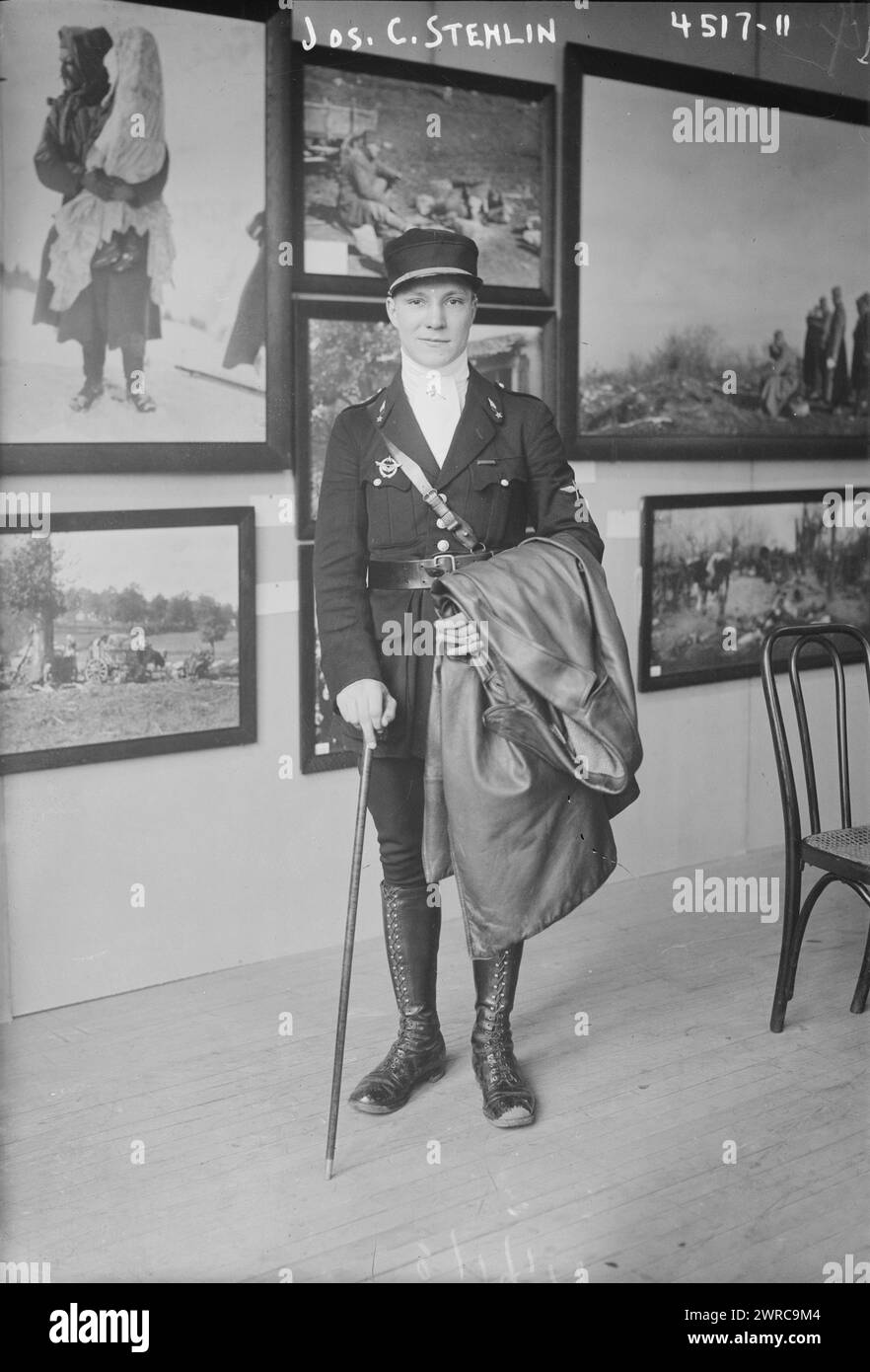 Jos. C. Stehlin, Photograph shows Lieutenant Joseph Charles Stehlin (1897-1967), a member of the Lafayette Escadrille, a group of American pilots who served in the French air force during World War I. He is shown at the exhibition of Serbian war photographs at the Red Cross Garden Theatre, at the International Flower Show, Grand Central Palace, New York City., 1918 March 19 (dated created or published later by Bain), Glass negatives, 1 negative: glass Stock Photo