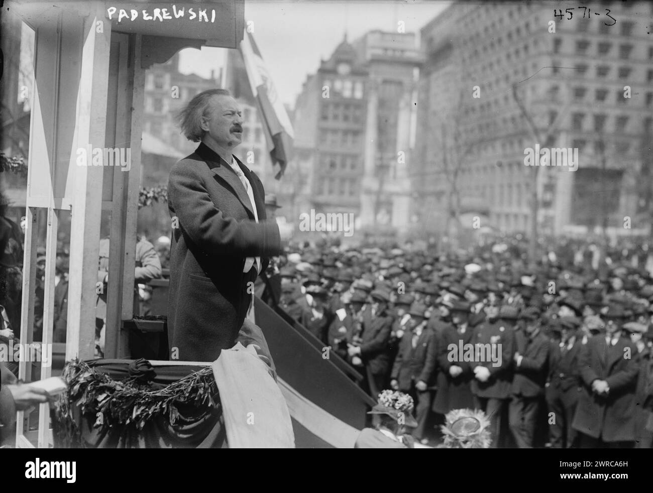 Paderewski, Photograph shows Polish pianist and composer Ignacy Jan Paderewski (1860-1941) standing on outdoor stage., between ca. 1915 and ca. 1920, Glass negatives, 1 negative: glass Stock Photo