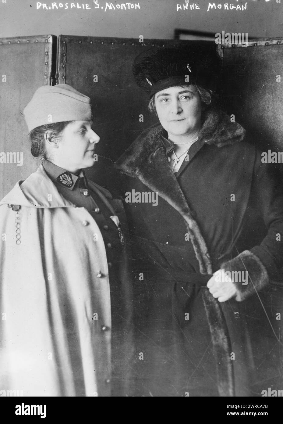 Dr. Rosalie S. Morton, Anne Morgan, Photograph shows Dr. Rosalie Slaughter (1876-1968), co-founder of the American Women's Hospitals Service, and Anne Tracy Morgan (1873-1952), philanthropist, who worked to provide relief in World War I., between ca. 1915 and ca. 1920, World War, 1914-1918, Glass negatives, 1 negative: glass Stock Photo
