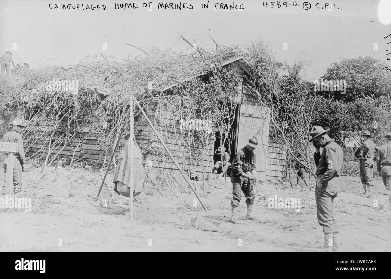 Camouflaged home of marines in France, Photograph shows American soldiers from the Fifth Marines in front of a wooden hut covered with sticks and leaves in Menancourt, France during World War I., 1918 May 21, World War, 1914-1918, Glass negatives, 1 negative: glass Stock Photo
