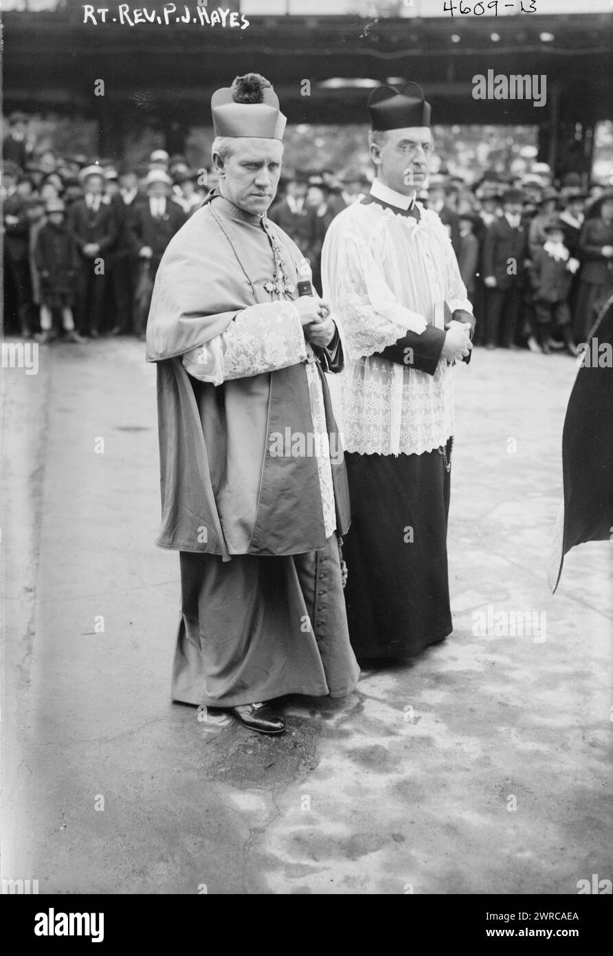 Rt. Rev. P.J. Hayes, Photograph shows Patrick Joseph Hayes (1867-1938), American Cardinal of the Roman Catholic Church who was Vicar Apostolic of Military, USA. He is attending the military mass at the Battery, New York City, May 1918 during World War I., 1918 May 30, Glass negatives, 1 negative: glass Stock Photo