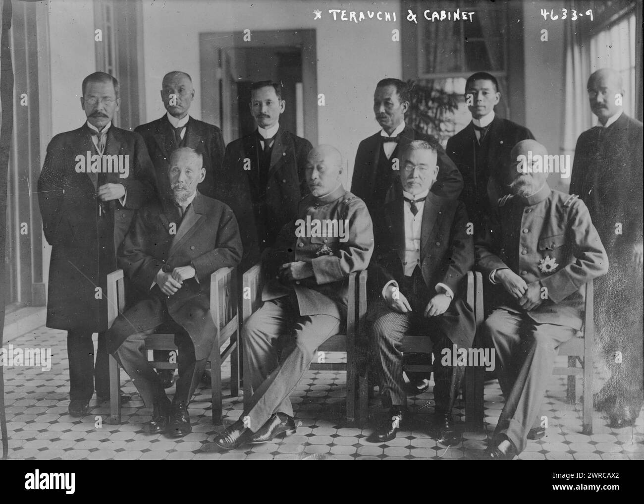Terauchi & cabinet, Photograph shows Count Terauchi Masatake (1852-1919) who was a Gensui (Marshal) in the Imperial Japanese Army and served as Prime Minister (1916-1918), with his cabinet., between ca. 1915 and ca. 1920, Glass negatives, 1 negative: glass Stock Photo