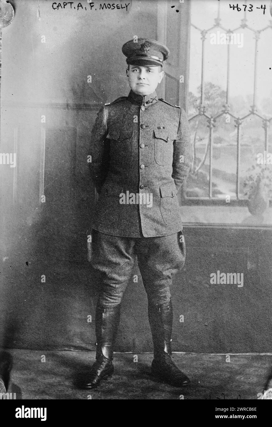 Capt. A.F. Mosely, Photograph shows Captain Arthur Francis Mosely (1877-1918), a minister in civilian life, who joined the British Army in the Boer War, served as a sergeant in the U.S. Cavalry during the Spanish-American War, and then again enlisted, being sent to France where he was killed in action on July 5, 1918., between ca. 1915 and 1918, Glass negatives, 1 negative: glass Stock Photo