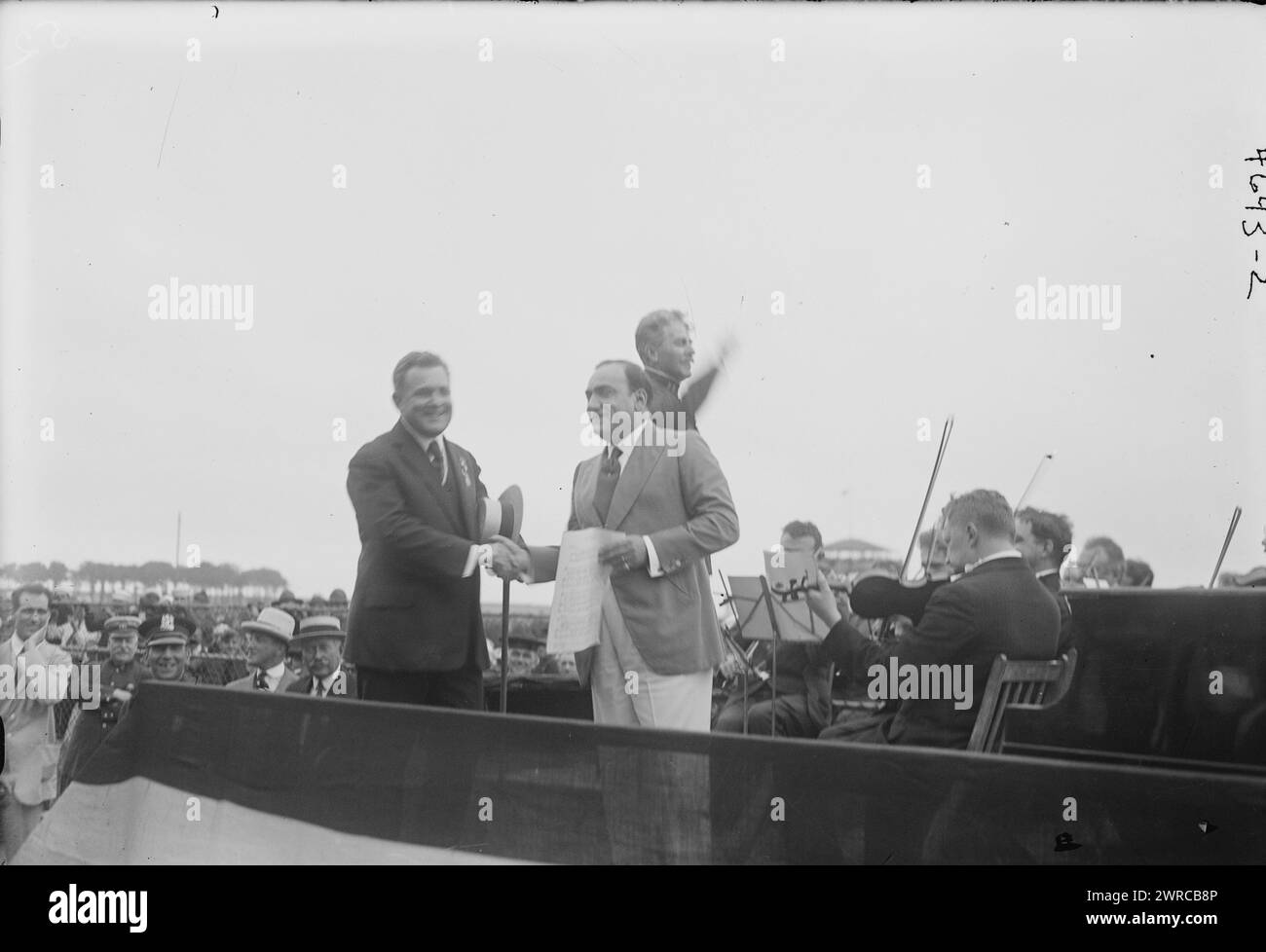 Caruso, Photograph shows Italian tenor opera singer Enrico Caruso (1873-1921) performing at a Police Field Day benefit at Sheepshead Bay Speedway, Brooklyn, New York City, August 31, 1918., 1918 Aug. 31, Glass negatives, 1 negative: glass Stock Photo