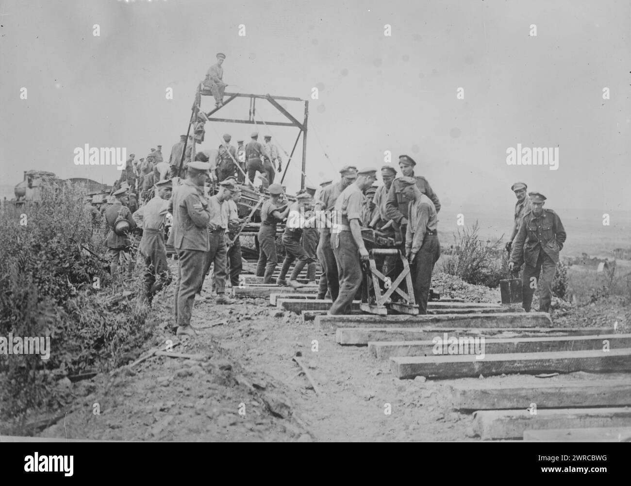 R.R. follows British advance, Photograph shows railroad construction ...