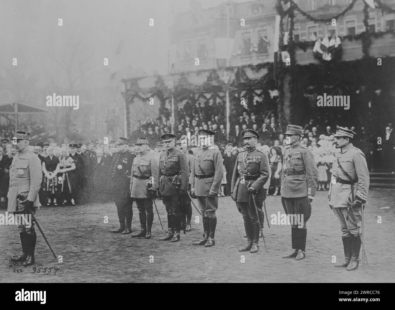 Generals, Metz, Photograph shows French military ceremony in Metz, France when President Poincare presented the military baton of a marshal of France to General Pétain. Generals are left to right: Philippe Pétain, Joseph Joffre, Ferdinand Foch, Maxime Weygand, Douglas Haig, John J. Pershing, Cyriaque Gillain, Alberico Albricci, Józef Haller, 1918 Dec. 8, World War, 1914-1918, Glass negatives, 1 negative: glass Stock Photo