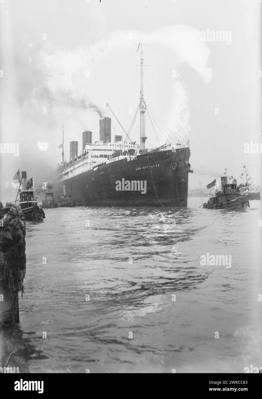 IMPERATOR, Photo shows the U. S.S. Imperator, formerly the S.S. Imperator (an ocean liner of the Hamburg America Line) during its service as a civilian transport ship returning soldiers to the United States after World War I., 1919, Glass negatives, 1 negative: glass Stock Photo