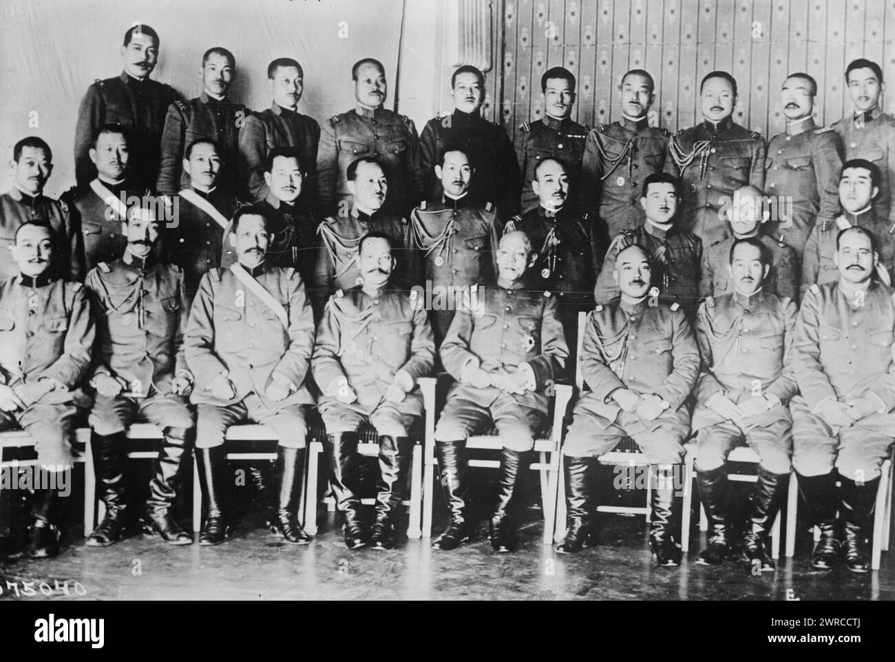Gen. Otani & staff, Photograph shows General Kikuzo Otani, commander-in-chief of the Allied forces in eastern Siberia, Russia with his staff officers, Japanese headquarters, Vladivostok, Siberia., between 1918 and ca. 1920, Glass negatives, 1 negative: glass Stock Photo