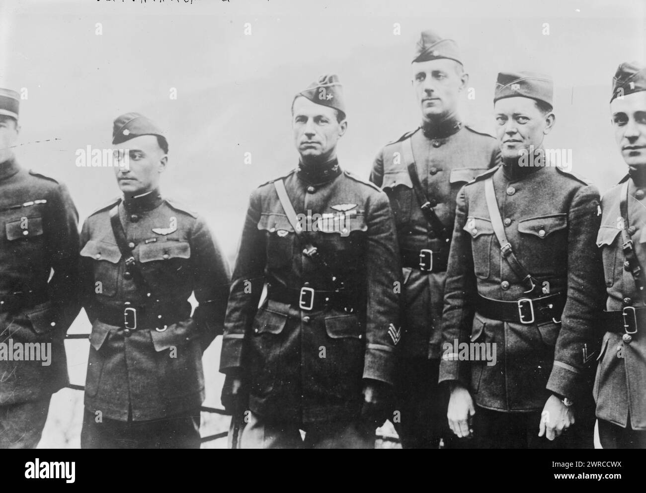 Gen. Wm. Mitchell & staff, Photograph shows Brigadier General William Mitchell, chief of Air Service, and staff. From left to right: Capt. R. Vallois, Lieutenant Colonel Lewis Hyde Brereton (1890-1967), Brigadier General William Mitchell, Major Ira Beaman Joralemon (1884-1975), Captain O. E. Marrel, First Lieutenant E. F, Schwab in Dierdorf, Germany, January 11, 1919., 1919 Jan. 11, Glass negatives, 1 negative: glass Stock Photo