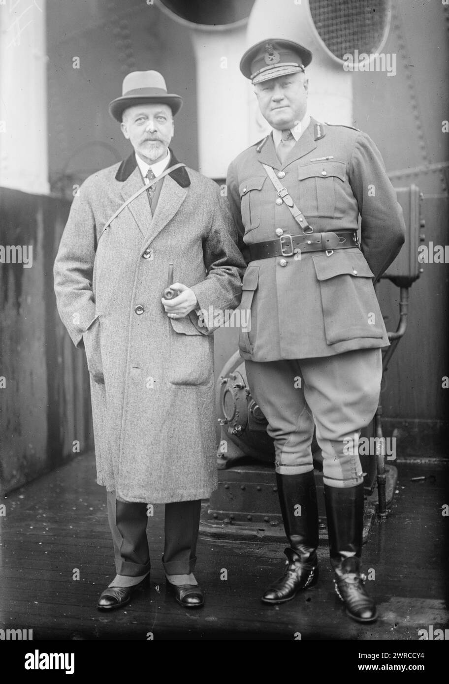 Sir Jas. Ball, Gen. Sir H. Thornton, Photograph shows Sir James Benjamin Ball (1867-1920) timber controller for the British Government, with Sir Henry Worth Thornton (1871-1933), president of Canadian National Railways. Men are arriving in New York City on the ship Aquitania., 1919 April 25 (date created or published later), Glass negatives, 1 negative: glass Stock Photo