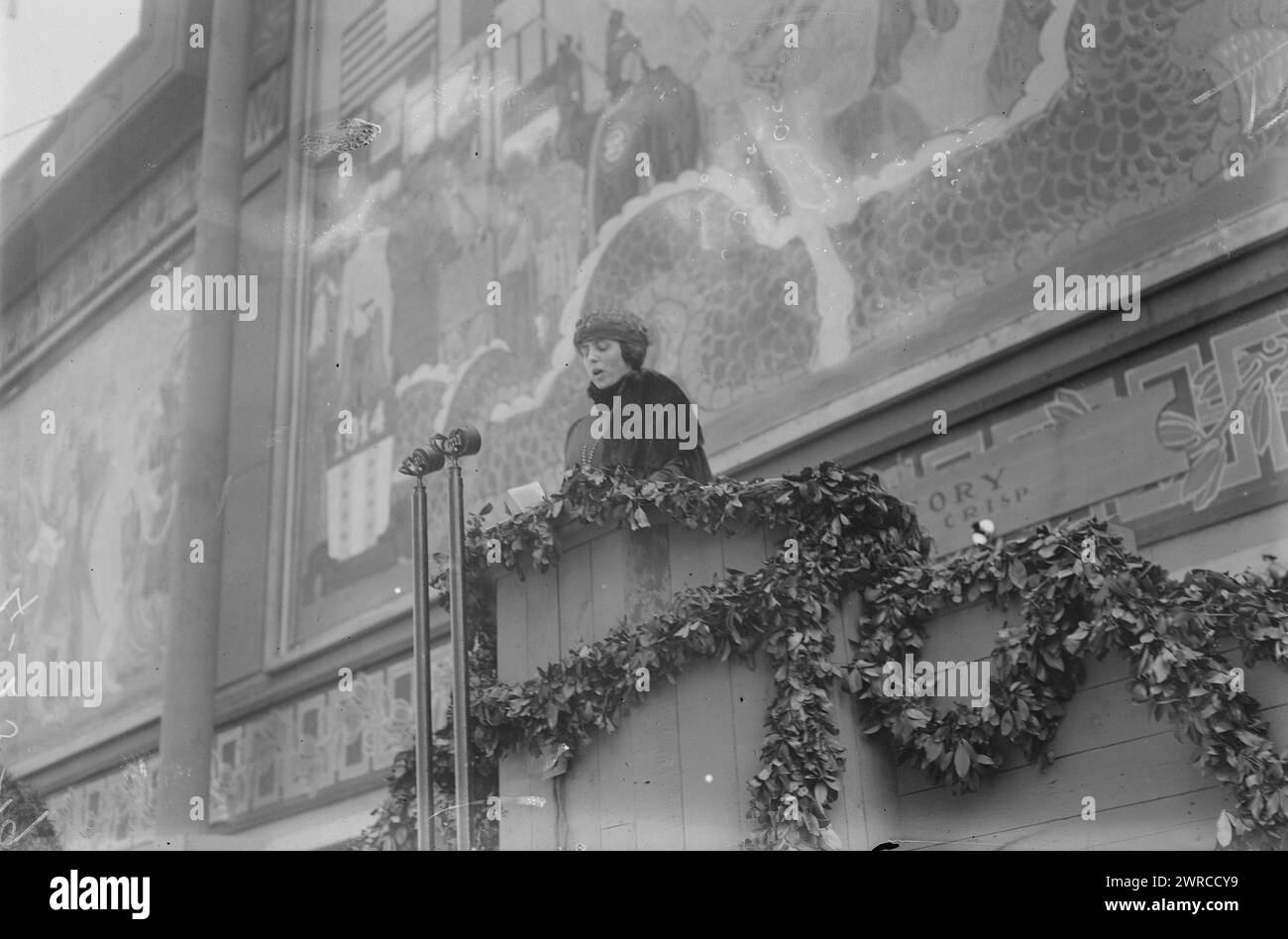 Mrs. W.G. AcAdoo, Speaking for Victory Loan, Photograph shows Eleanor Randolph Wilson McAdoo (1889-1967), daughter of US President Woodrow Wilson, who was the wife of his Secretary of the Treasury William Gibbs McAdoo. McAdoo gave an address on Nurses Day of a Victory Loan event held at 'Victory Way' on Park Avenue between 45th and 50th Streets, New York City, May 1919., 1919, Glass negatives, 1 negative: glass Stock Photo