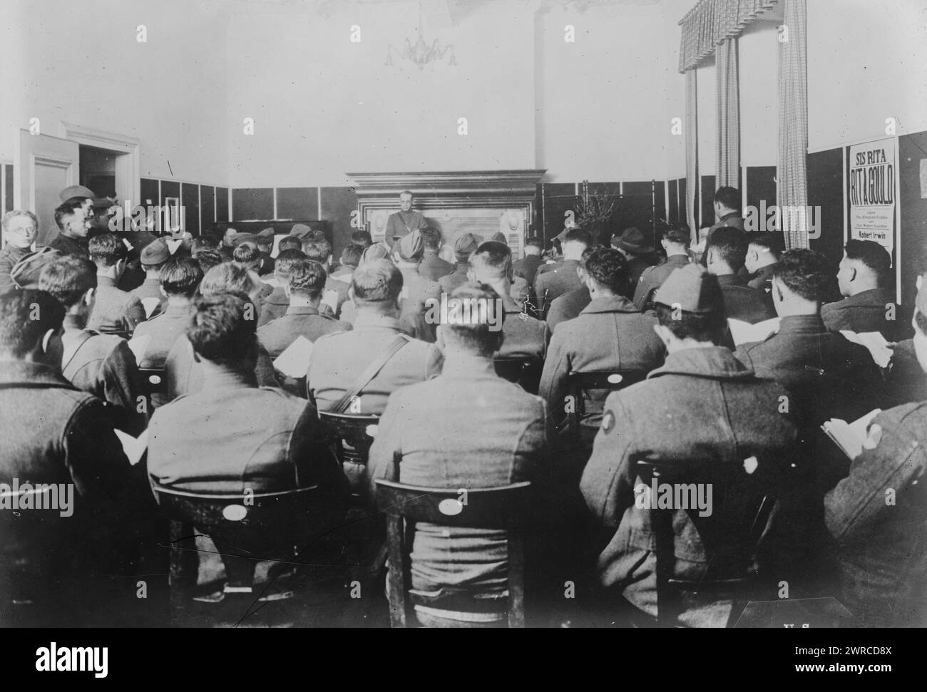 Service at Jewish Welfare Room, Coblenz, Photograph shows a service in Koblenz, Germany sponsored by the National Jewish Welfare Board, an organization established during World War I to support American Jewish soldiers., between 1918 and ca. 1920, Glass negatives, 1 negative: glass Stock Photo