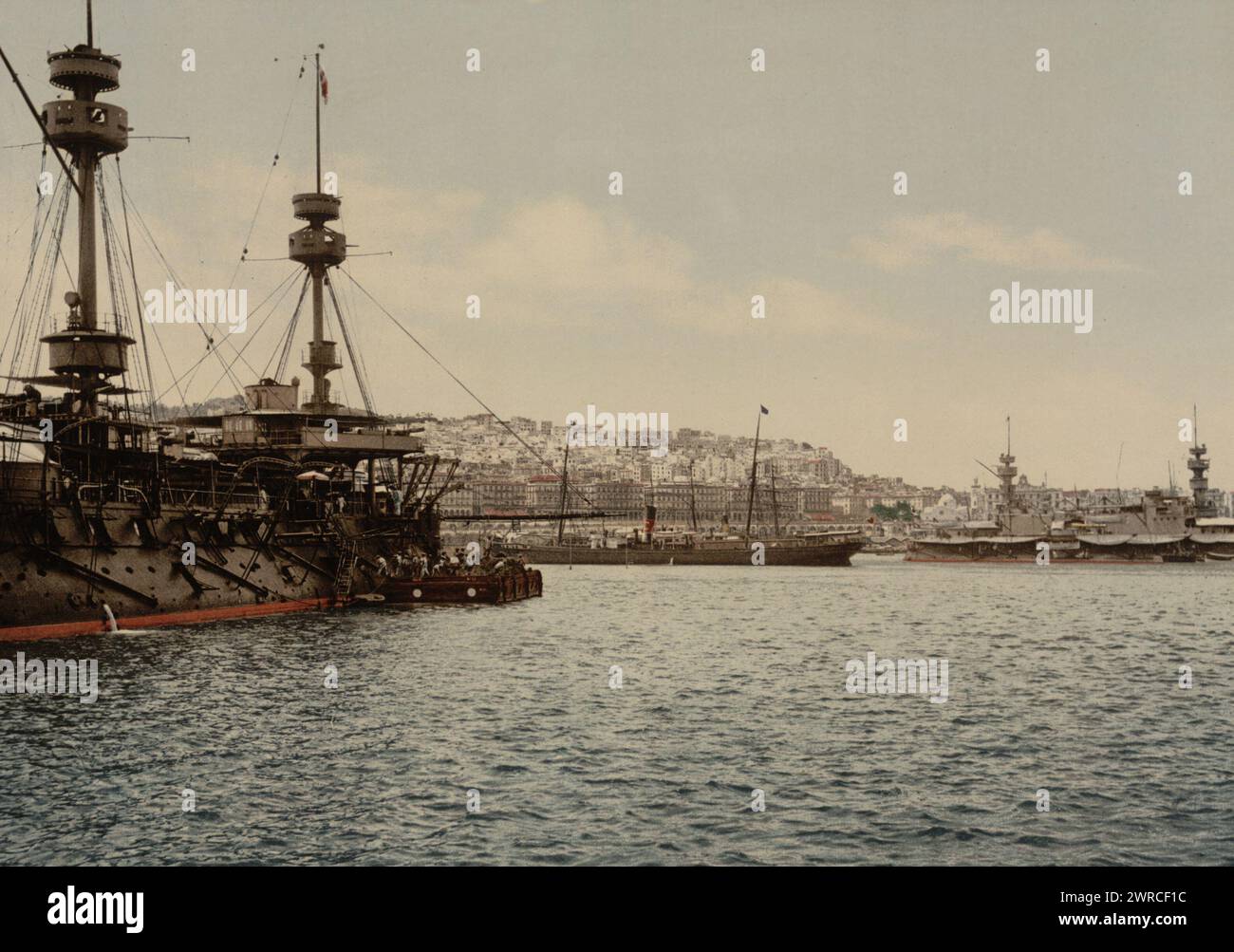 With war ships, Algiers, Algeria, ca. 1899., Color, 1890-1900 Stock Photo