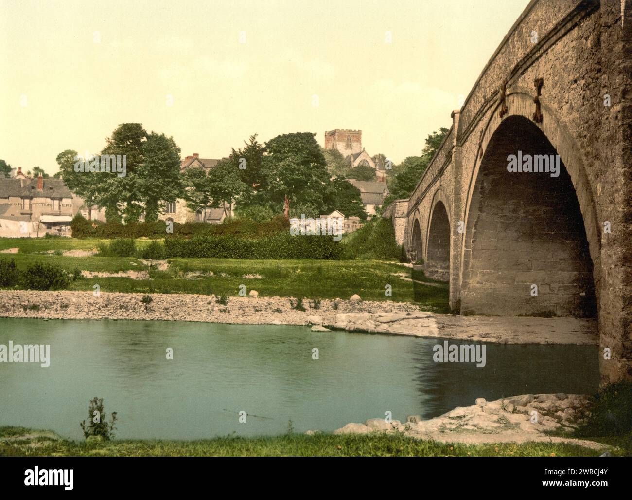 Cathedral, from the river, St. Asaph, Wales, between ca. 1890 and ca. 1900., Wales, St. Asaph, Color, 1890-1900 Stock Photo