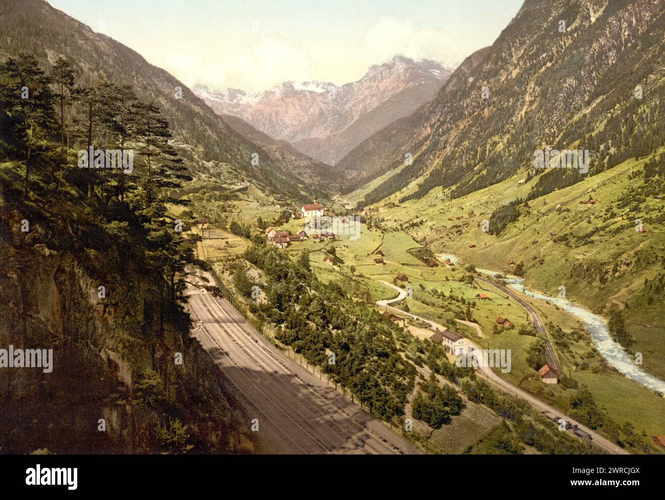Wassen, view of the Three Tracks, St. Gotthard Railway, Switzerland, between ca. 1890 and ca. 1900., Color, 1890-1900 Stock Photo