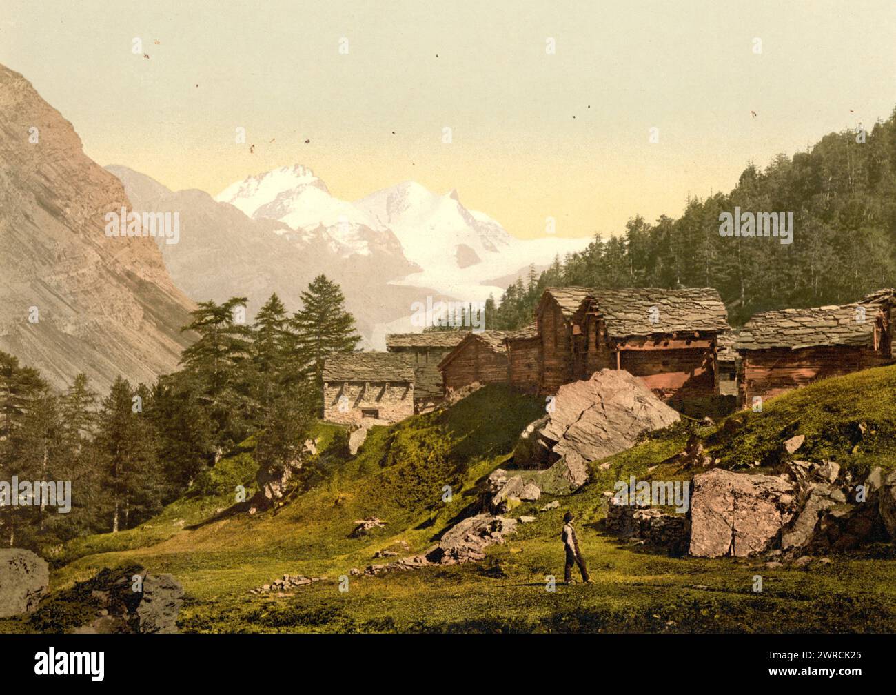Staffel Alp and Rimpfischhorn, with chalets, Valais, Alps of, Switzerland, between ca. 1890 and ca. 1900., Color, 1890-1900 Stock Photo