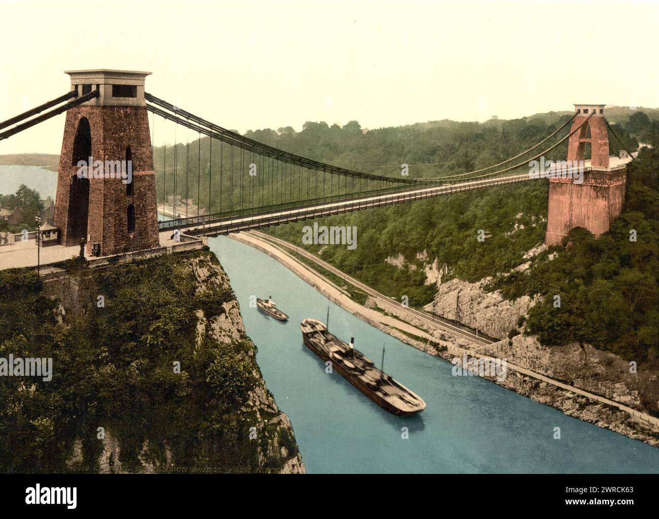 Clifton suspension bridge from the north east cliffs, Bristol, England, between ca. 1890 and ca. 1900., England, Bristol, Color, 1890-1900 Stock Photo