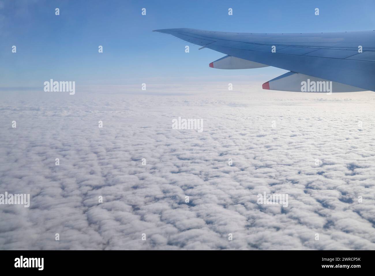 Aeroplane wing above the clouds in-flight Stock Photo