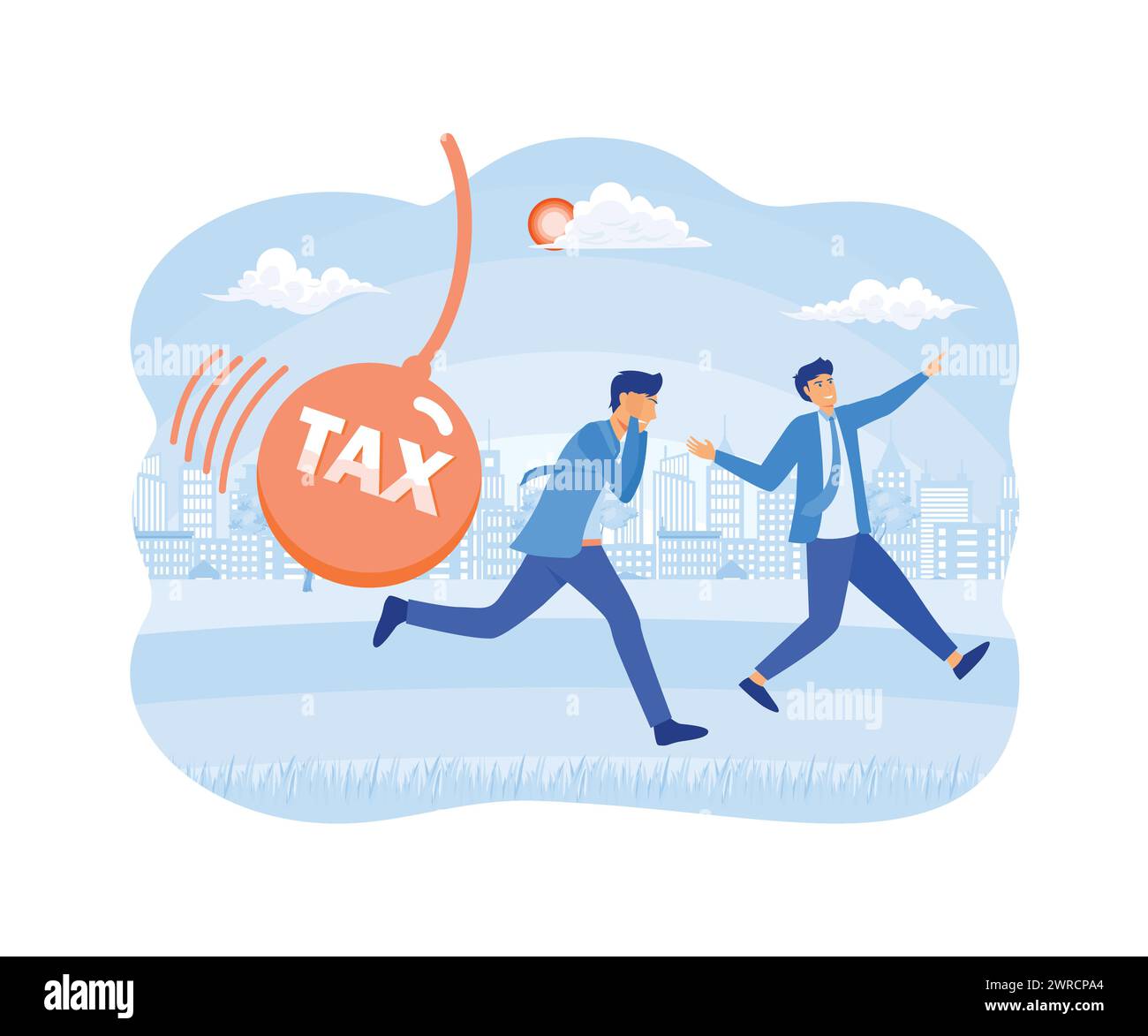 Businessman running away from big pendulum with tax message, financial crisis in tax burden concept. flat vector modern illustration Stock Vector