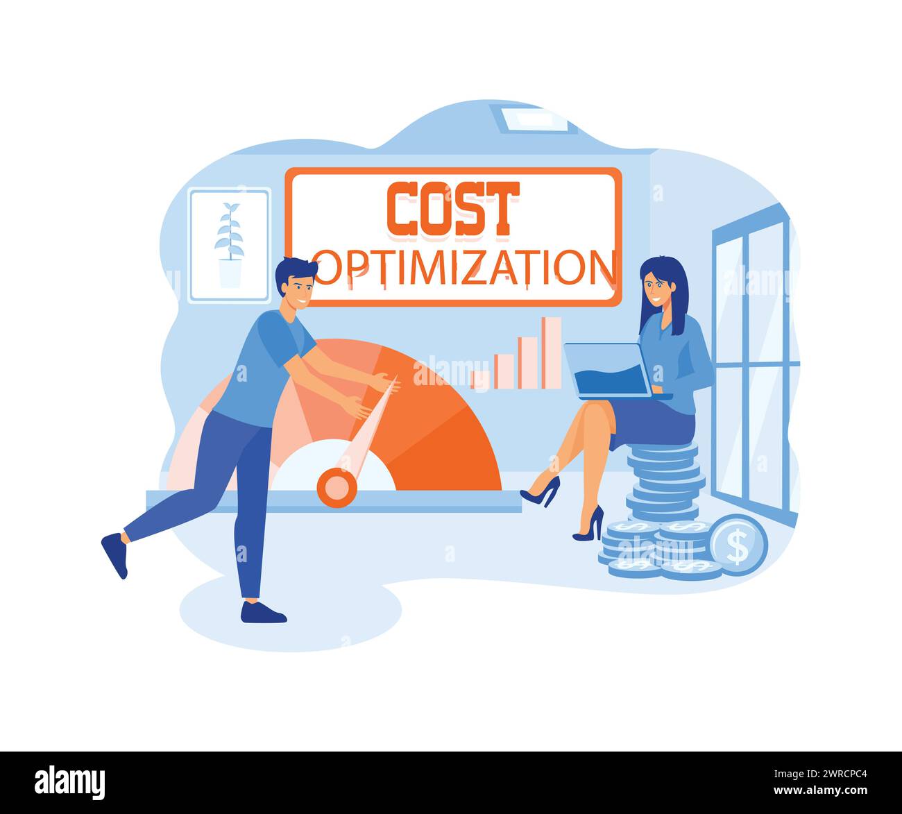 Cost optimization typography header. The idea of balancing costs and income. Expenses and cost reduction, while maximizing business value. flat vect Stock Vector