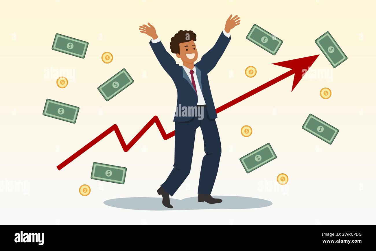 Happy businessman getting a lot of money. A successful African American businessman. Vector illustration. Stock Vector