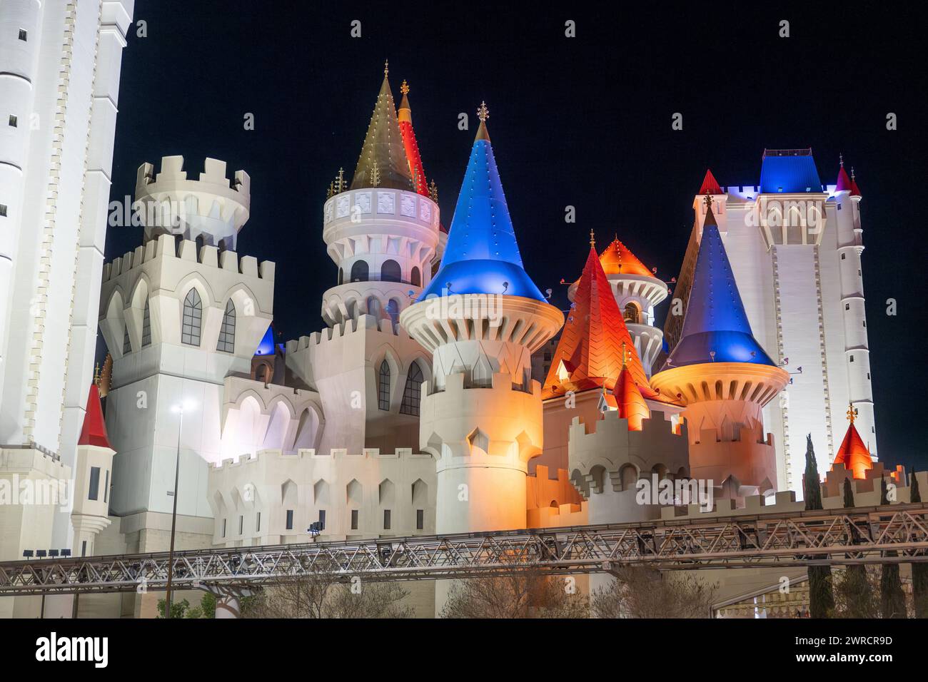 Las Vegas Boulevard strip Excalibur casino at night 2024 - Nevada city lights colorful signs and tourist attractions near popular casinos gambling USA Stock Photo