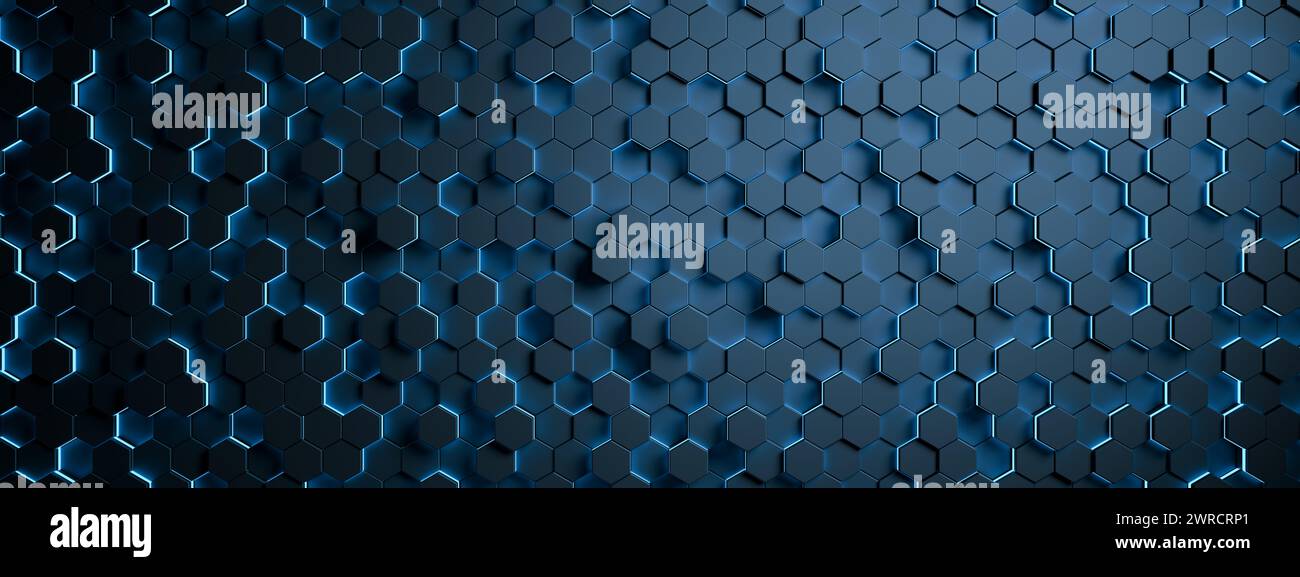Abstract technology hexagon tiles background. Futuristic technologic style. Technology, big data, science, innovation, nanotechnology. Dark blue 3D he Stock Photo