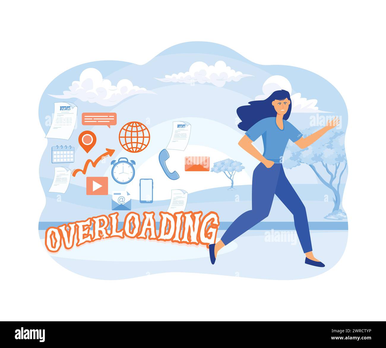 Information Overload Concept. Young Woman Running Away From Information ...